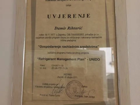 Uokvireno Uvjerenje Damira Rihtarića o gospodarenju rashladnim sredstvima, program Refrigerant Management Plan UNIDO, Fakultet strojarstva i brodogradnje, slika 5 od 6